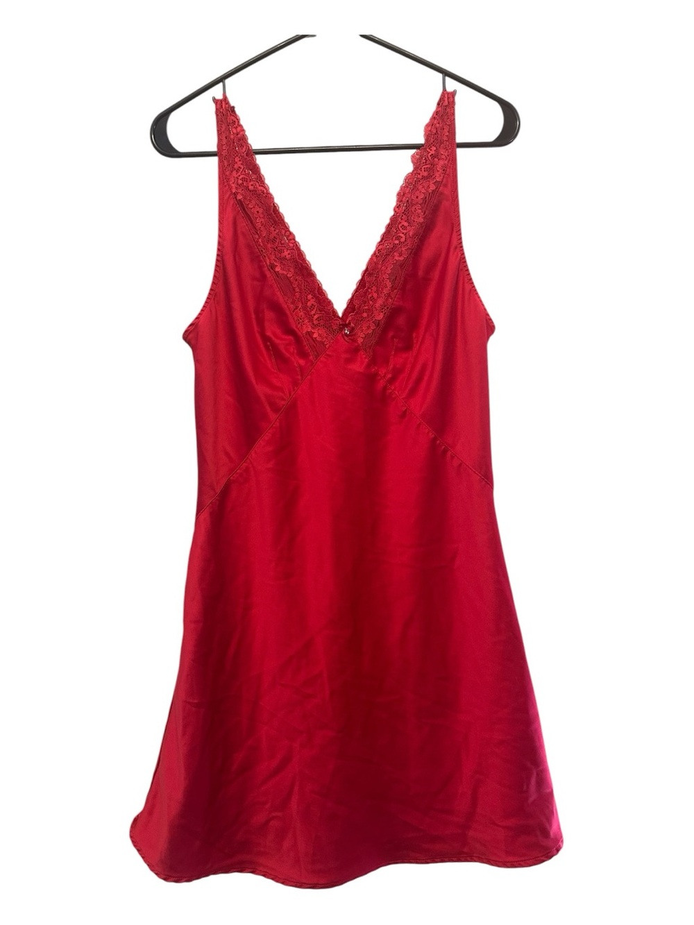 Vintage Y2K Era Red Satin Slip Dress with Lace V-Neck & Bow Detail Size Medium